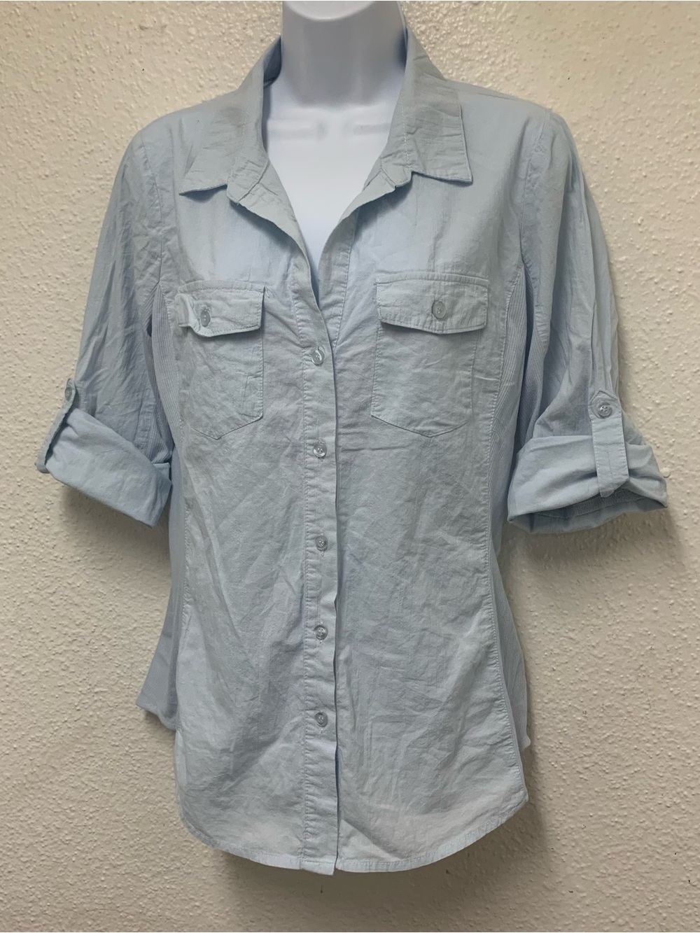 Cavalini Women's Button Up Shirt Size M Light Blue Roll Tab Sleeve Utility Top
